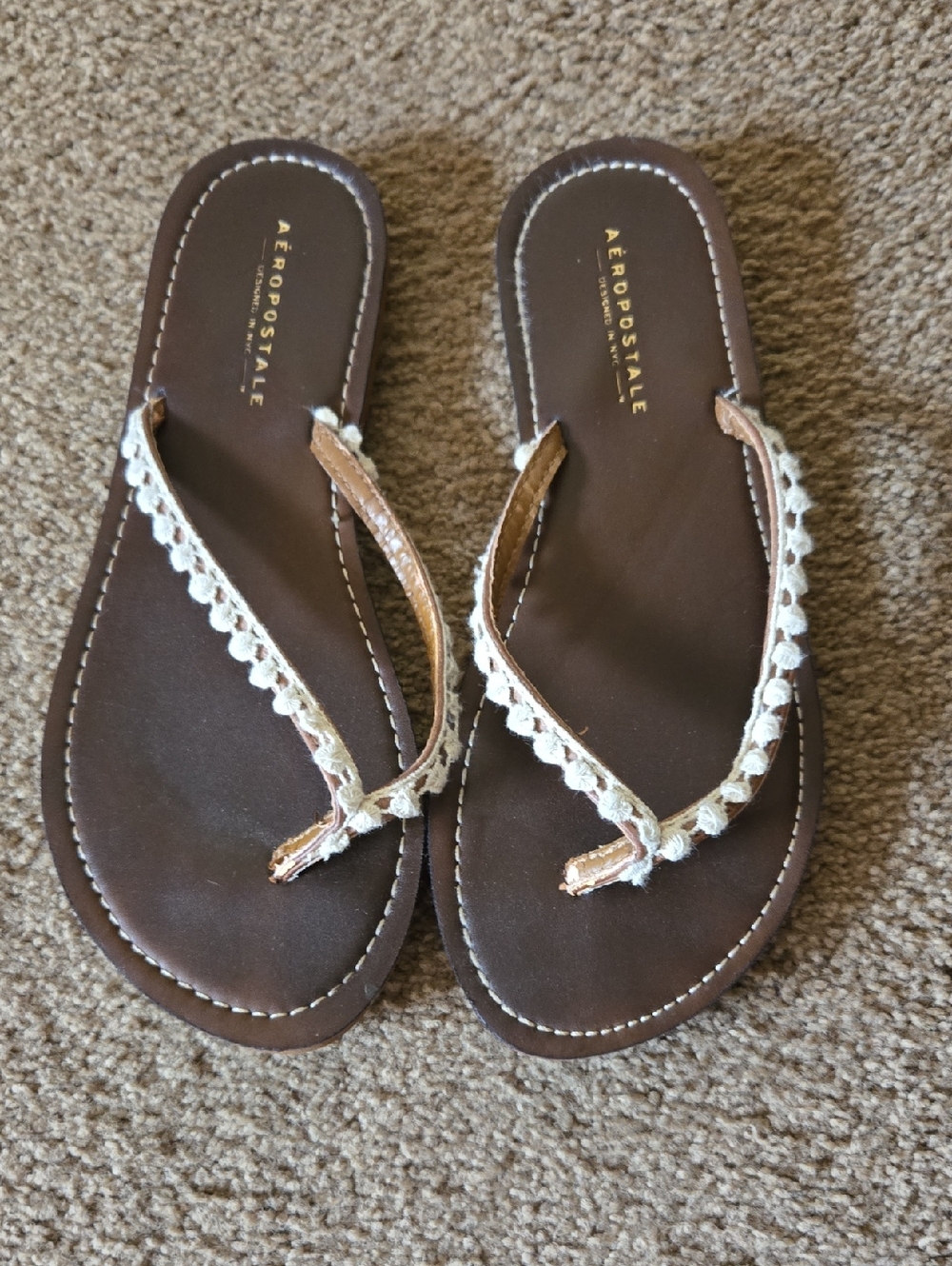 Aeropostale- Brown- Sandal- Flip Flops- with Cream Crochet Trim- 7-7.5